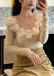 Novelty Beige Floral Solid Cotton T Shirt Fall