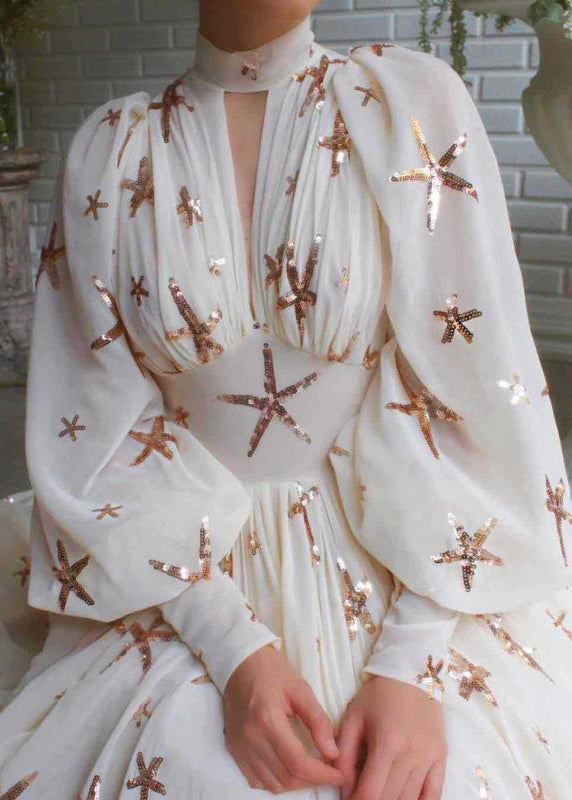 Novelty Beige Sequins Side Open Chiffon Long Dress Lantern Sleeve