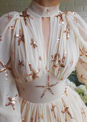 Novelty Beige Sequins Side Open Chiffon Long Dress Lantern Sleeve