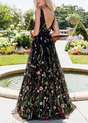 Novelty Black Embroidered Backless Tulle Maxi Dresses Sleeveless