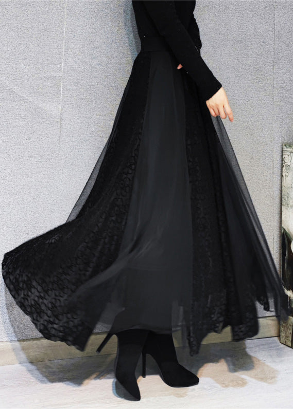 Novelty Black High Waist Lace Patchwork Tulle Maxi Skirt Spring