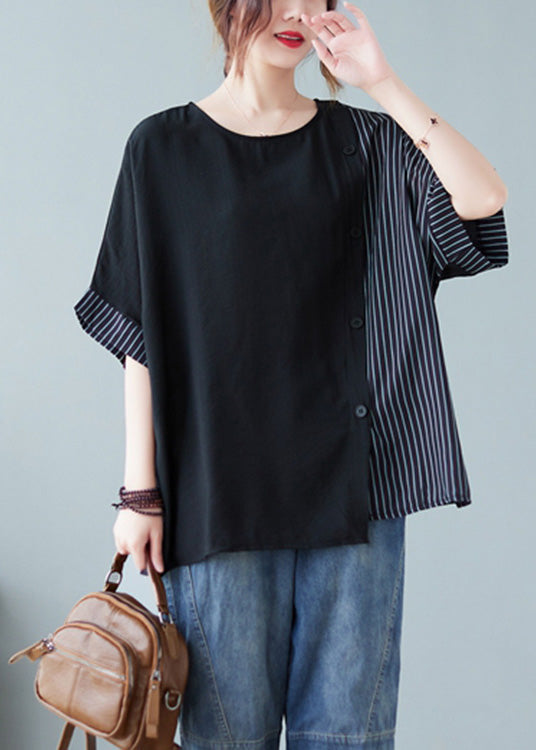 Novelty Black and white grid O-Neck Striped Patchwork Button Cotton T Shirts Half Sleeve