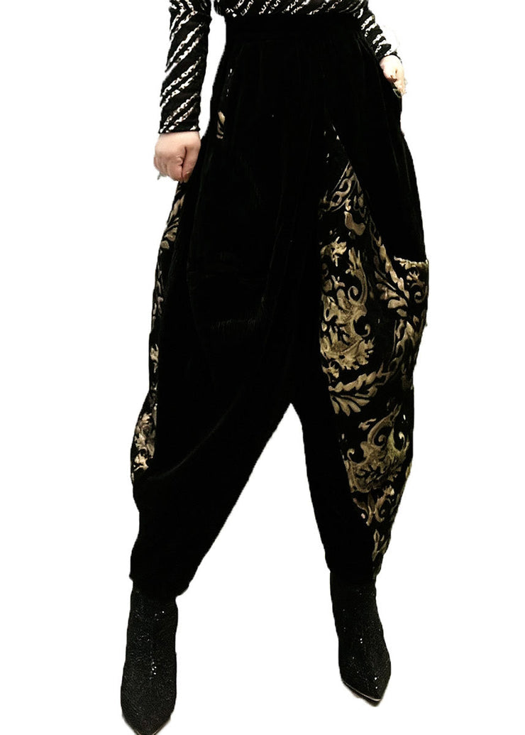 Novelty Black Patchwork Gold Asymmetrical Thick Print High Waist Beam Pants Winter