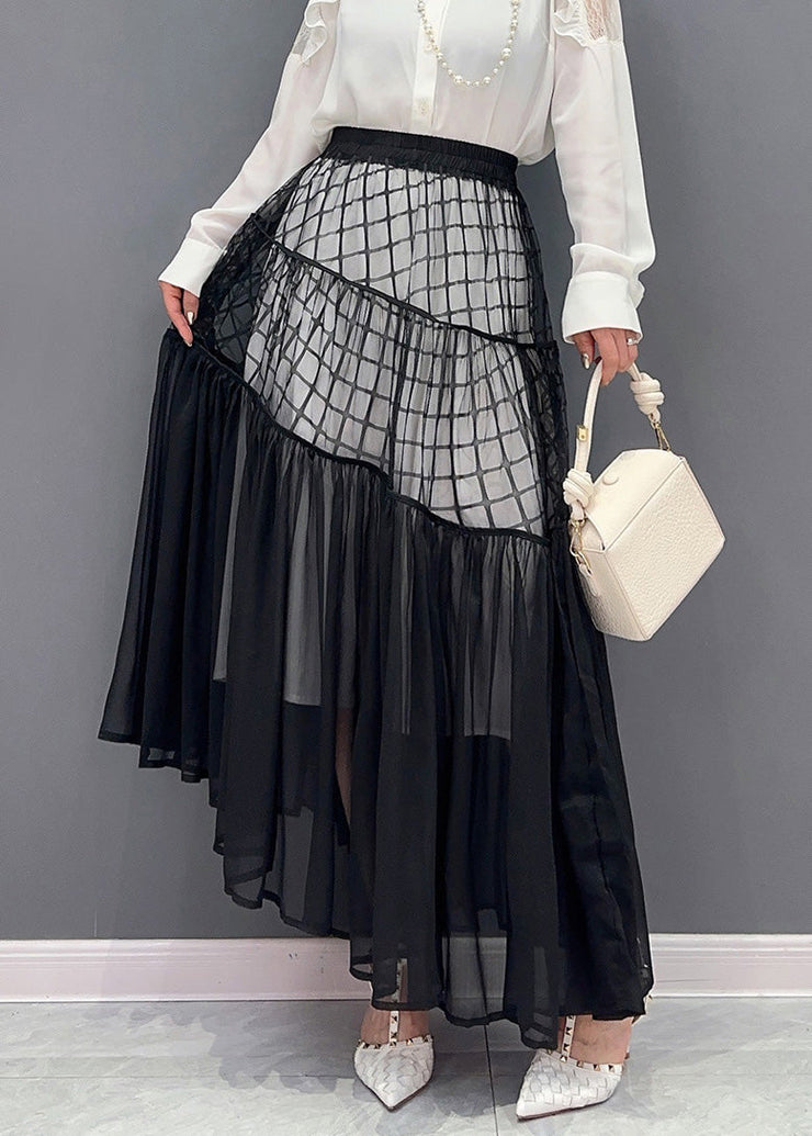 Novelty Black Plaid Patchwork Chiffon Maxi Skirts