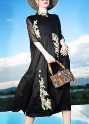 Novelty Black Stand Collar Embroideried Floral Button Silk Maxi Dress Summer