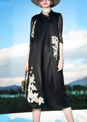 Novelty Black Stand Collar Embroideried Floral Button Silk Maxi Dress Summer