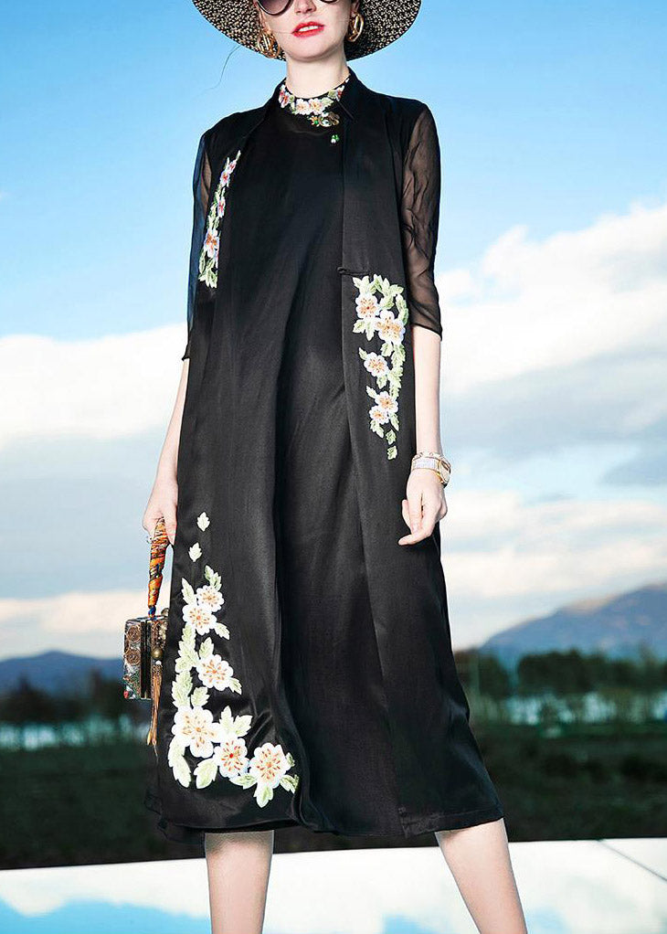 Novelty Black Stand Collar Embroideried Floral Button Silk Maxi Dress Summer