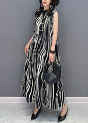 Novelty Black Stand Collar Striped Patchwork Long Dress Summer