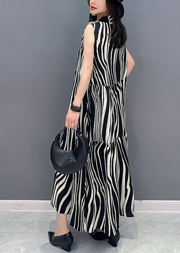 Novelty Black Stand Collar Striped Patchwork Long Dress Summer