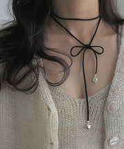 Novelty Black Sterling Silver Faux Suede Bow Lariat Necklace