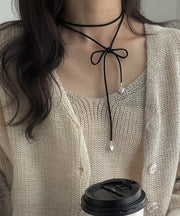 Novelty Black Sterling Silver Faux Suede Bow Lariat Necklace