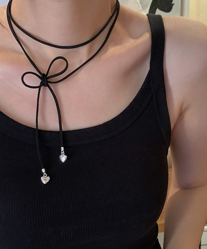 Novelty Black Sterling Silver Faux Suede Bow Lariat Necklace