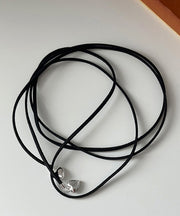 Novelty Black Sterling Silver Faux Suede Bow Lariat Necklace