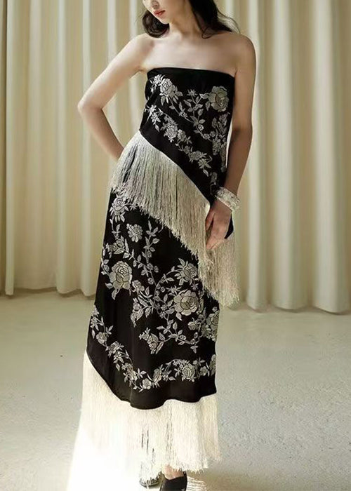 Novelty Black Tasseled High Waist Patchwork Dresses Sleeveless