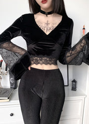 Novelty Black V Neck Lace Patchwork Silk Velour Tops Flare Sleeve