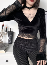 Novelty Black V Neck Lace Patchwork Silk Velour Tops Flare Sleeve