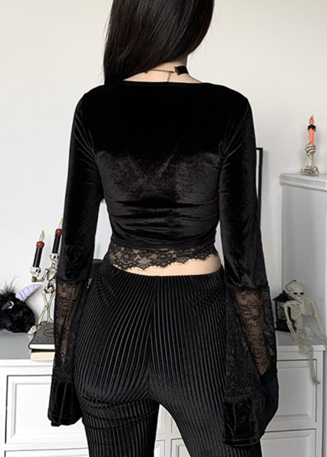 Novelty Black V Neck Lace Patchwork Silk Velour Tops Flare Sleeve