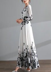 Novelty Black V Neck Print Chiffon Maxi Beach Dresses Spring