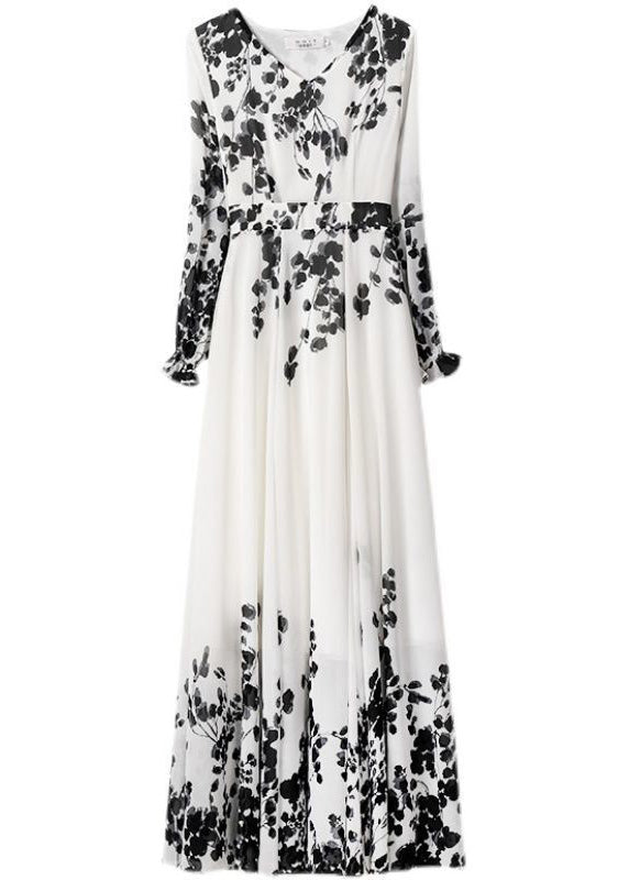 Novelty Black V Neck Print Chiffon Maxi Beach Dresses Spring