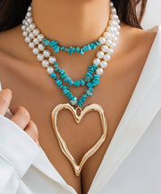 Novelty Blue Alloy Turquoise Pearl Multi Lay Peach Heart Pendant Necklace