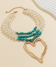 Novelty Blue Alloy Turquoise Pearl Multi Lay Peach Heart Pendant Necklace