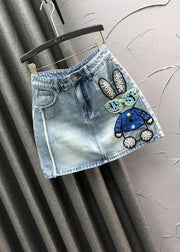 Novelty Blue Embroidered Nail Bead Patchwork Denim Skirt Summer