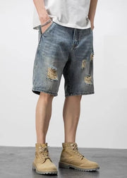 Novelty Blue Hole Pockets High Waist Denim Mens Shorts Summer