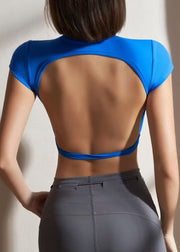 Novelty Blue O-Neck Backless Cotton Short Sleeve Yoga T Shirts