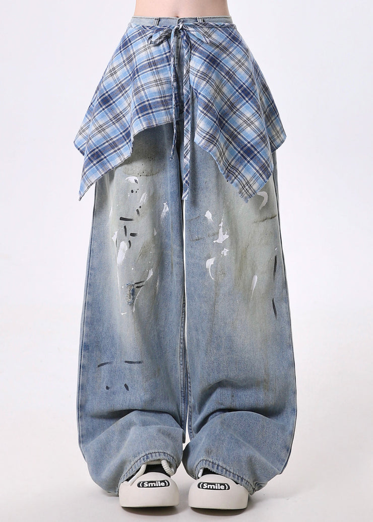 Novelty Blue Pockets Skirts Hem Patchwork Denim Pants Spring