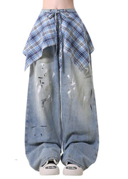 Novelty Blue Pockets Skirts Hem Patchwork Denim Pants Spring