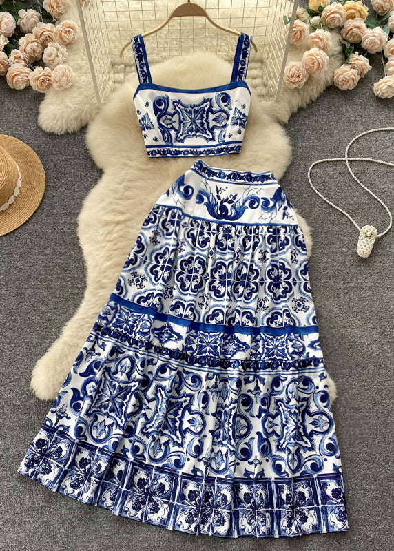 Novelty Blue Print High Waist Cotton Two Piece Set Sleeveless