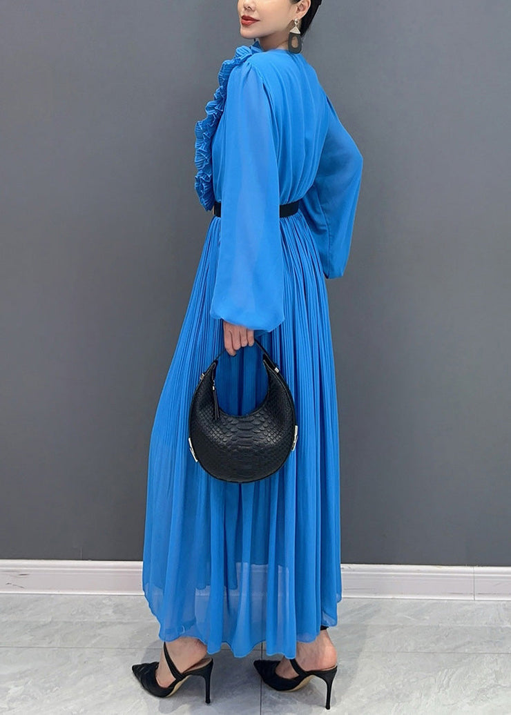 Novelty Blue Ruffled Solid Chiffon Long Dress Long Sleeve