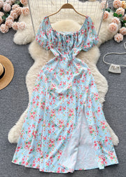 Novelty Blue Square Collar Front Side Open Cotton Long Dress Summer