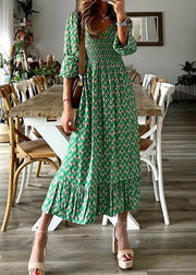 Novelty Blue V Neck Print High Waist Long Dresses Fall