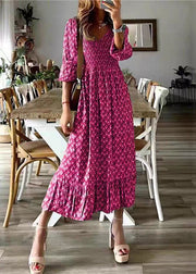 Novelty Blue V Neck Print High Waist Long Dresses Fall