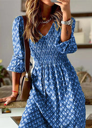 Novelty Blue V Neck Print High Waist Long Dresses Fall