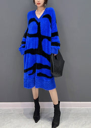 Novelty Blue V Neck Striped Mink Velvet Maxi Dress Fall