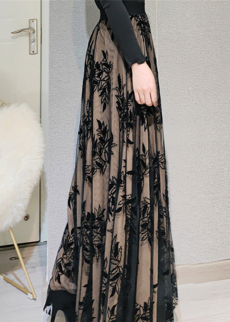 Novelty Chocolate Embroideried Floral High Waist Draping Tulle Maxi Skirt Spring