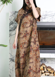 Novelty Coffee Stand Collar Print Button Silk Long Dress Short Sleeve