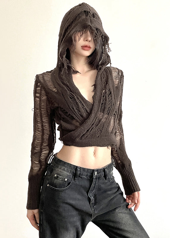 Novelty Coffee Tasseled Hollow Out Hooded Cross Strap Knitted Top