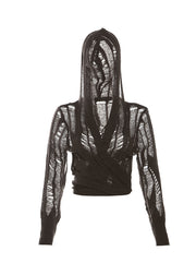 Novelty Coffee Tasseled Hollow Out Hooded Cross Strap Knitted Top