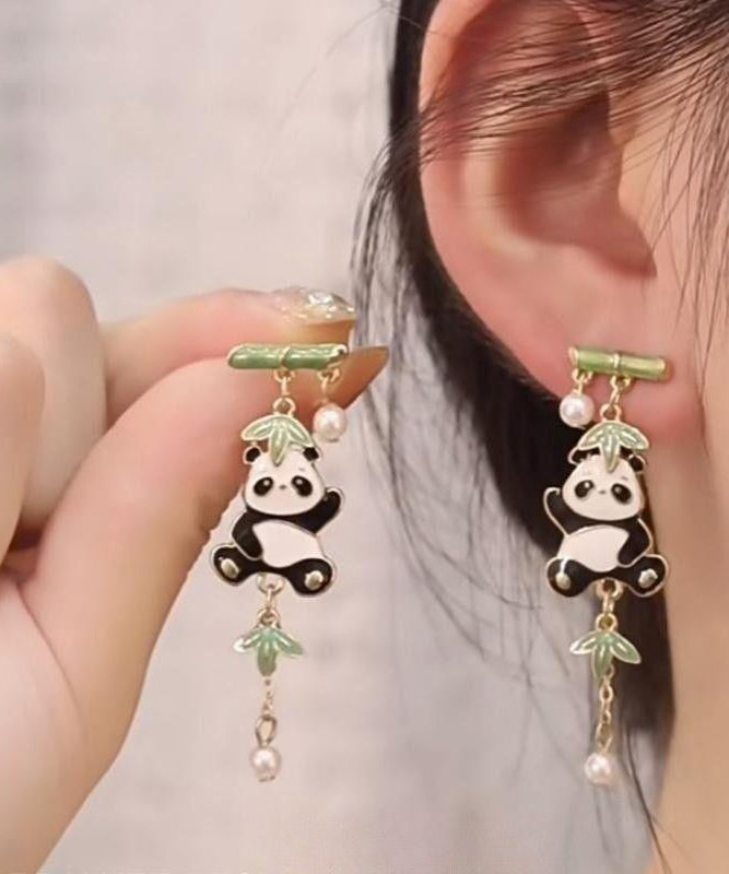 Novelty Colorblock Metal Alloy Zircon Pearl Panda Bamboo Joint Tassel Drop Earrings