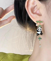 Novelty Colorblock Metal Alloy Zircon Pearl Panda Bamboo Joint Tassel Drop Earrings