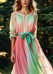 Novelty Colorblock Wrinkled Tie Waist Silk Long Dress Summer