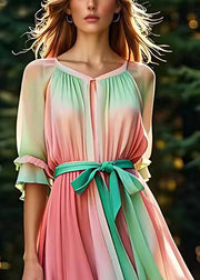 Novelty Colorblock Wrinkled Tie Waist Silk Long Dress Summer