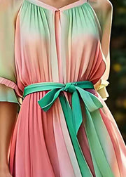 Novelty Colorblock Wrinkled Tie Waist Silk Long Dress Summer