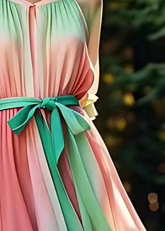 Novelty Colorblock Wrinkled Tie Waist Silk Long Dress Summer