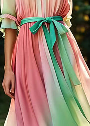 Novelty Colorblock Wrinkled Tie Waist Silk Long Dress Summer