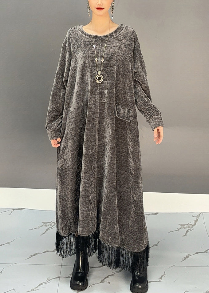 Novelty Dark Grey Asymmetrical Tassel Long Dress Spring