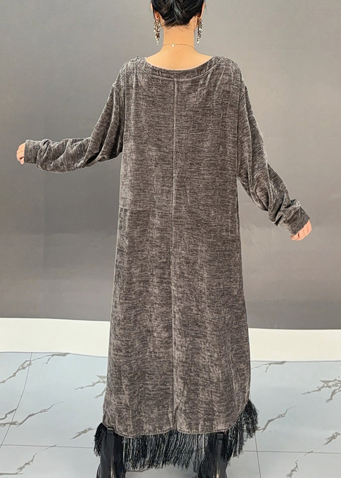 Novelty Dark Grey Asymmetrical Tassel Long Dress Spring